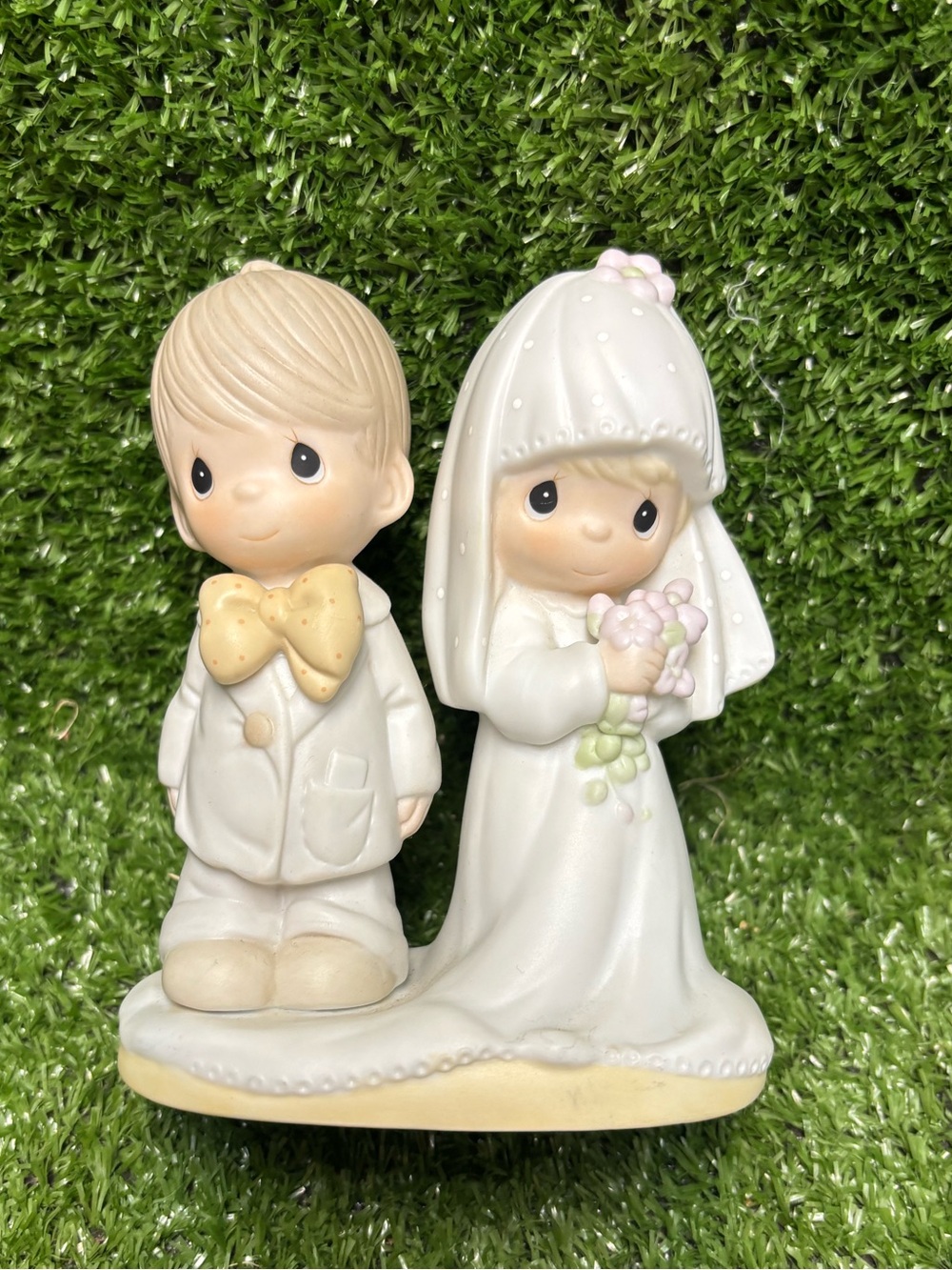 Precious Moments Porcelain Bride and Groom Figurine in Cream and Pink Accents